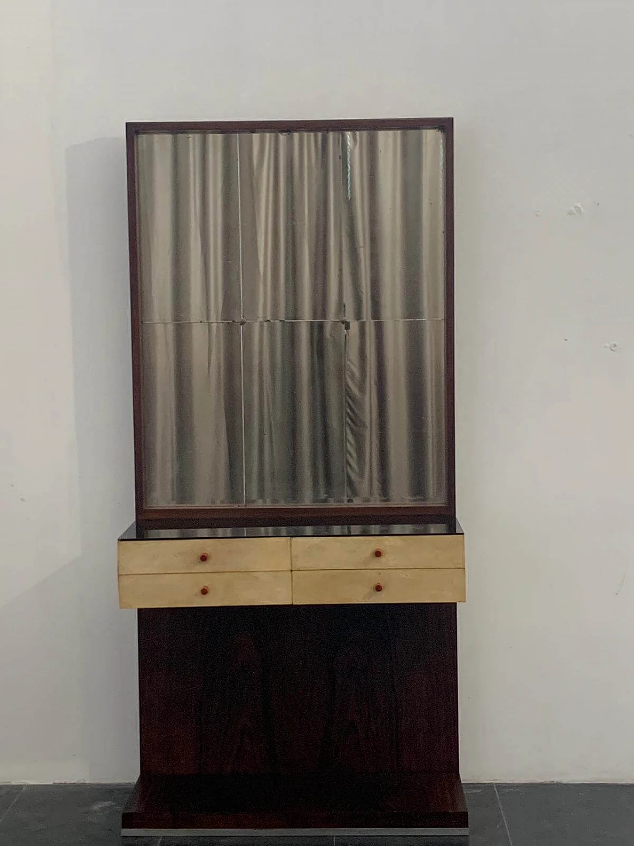 Entryway cabinet with drawers and mirror in rosewood and parchment with glass top by Guglielmo Ulrich, 50s 1237375