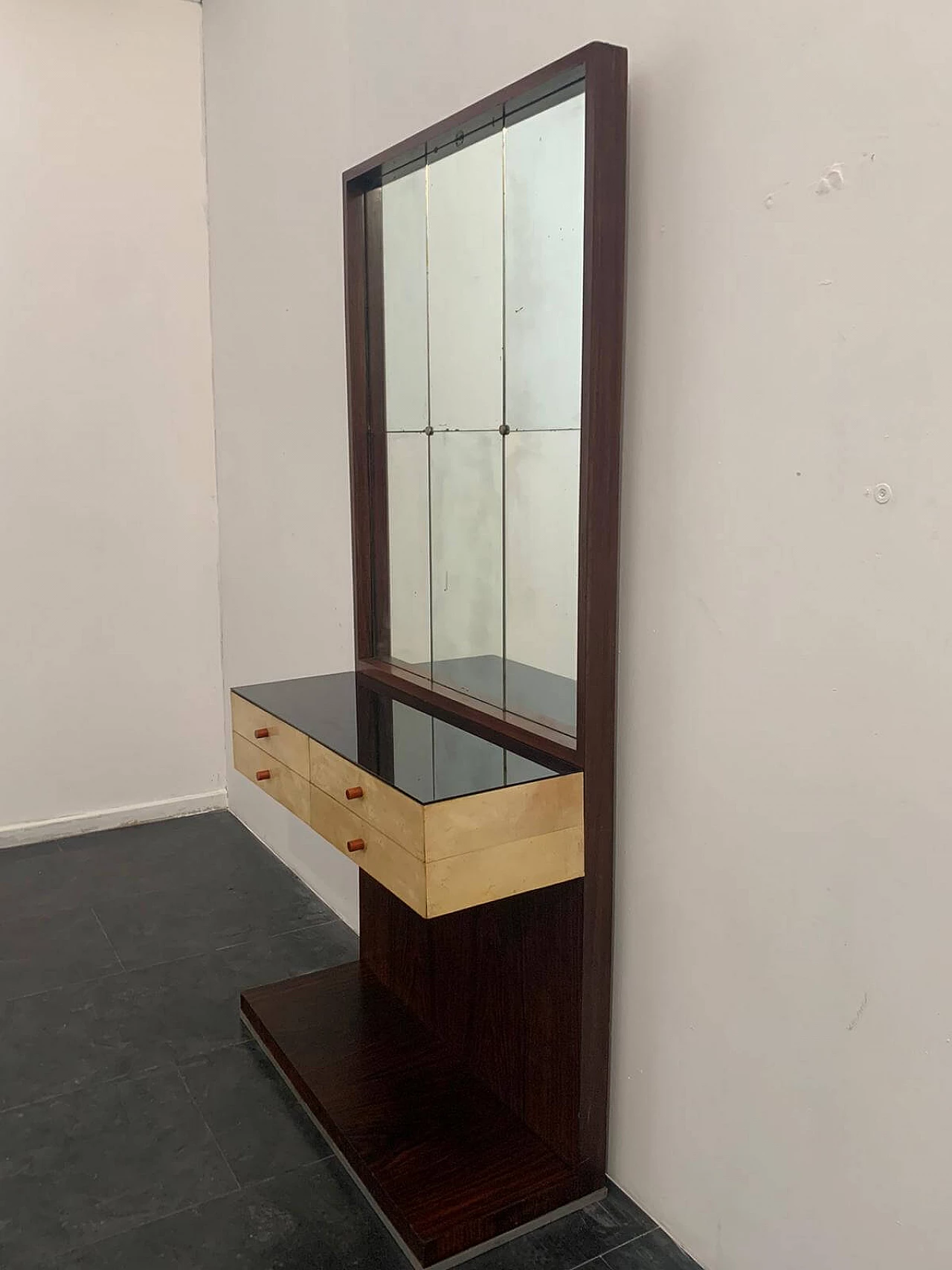 Entryway cabinet with drawers and mirror in rosewood and parchment with glass top by Guglielmo Ulrich, 50s 1237376