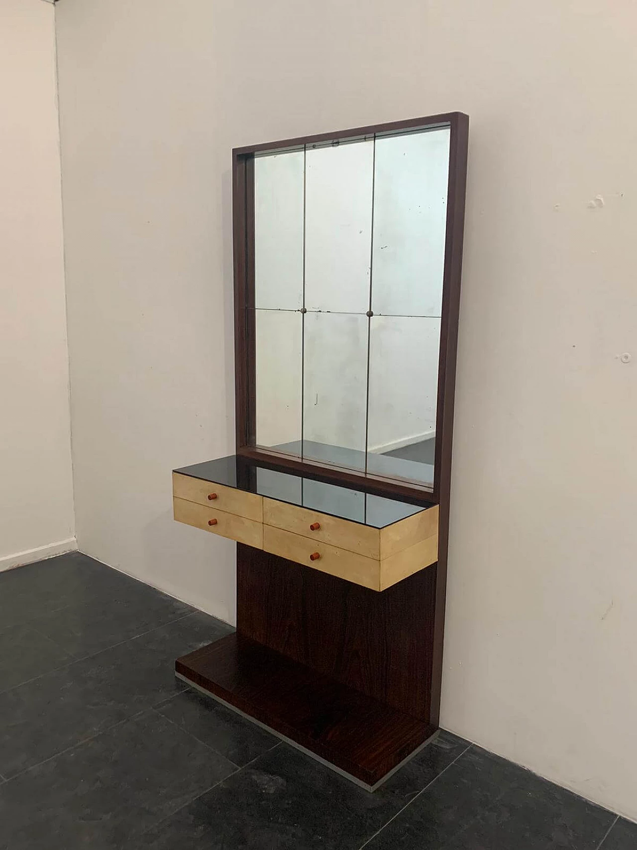 Entryway cabinet with drawers and mirror in rosewood and parchment with glass top by Guglielmo Ulrich, 50s 1237377