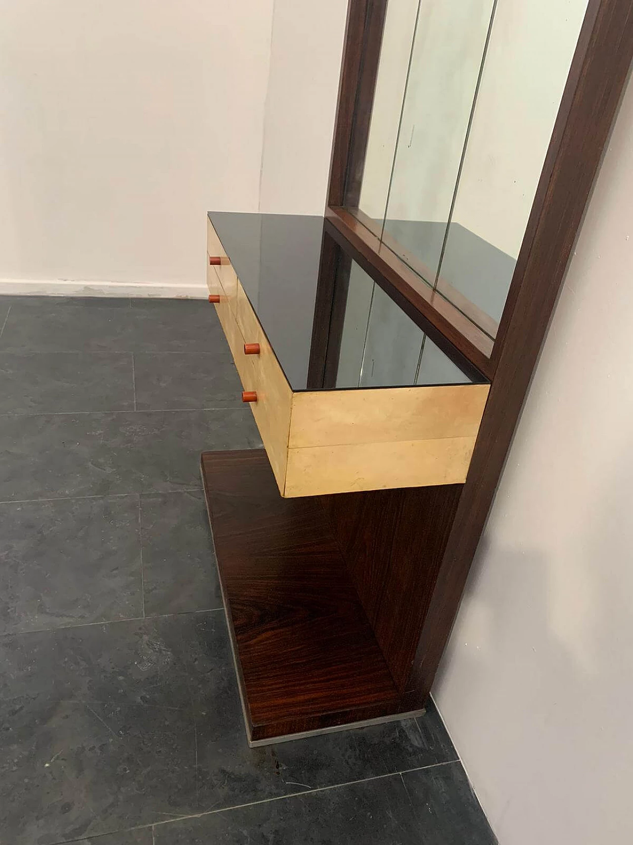 Entryway cabinet with drawers and mirror in rosewood and parchment with glass top by Guglielmo Ulrich, 50s 1237381