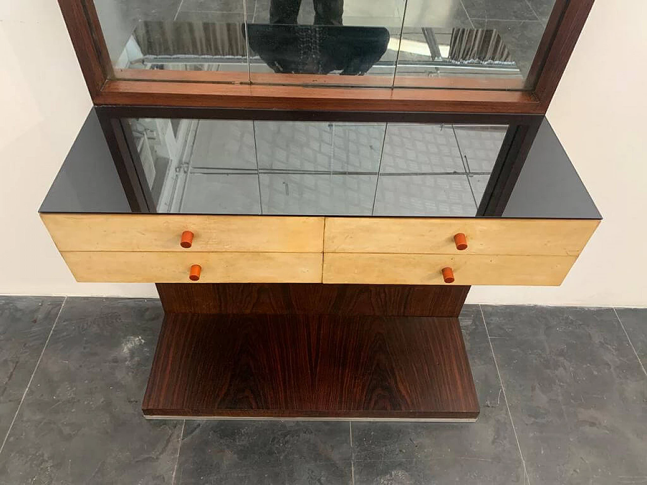 Entryway cabinet with drawers and mirror in rosewood and parchment with glass top by Guglielmo Ulrich, 50s 1237384