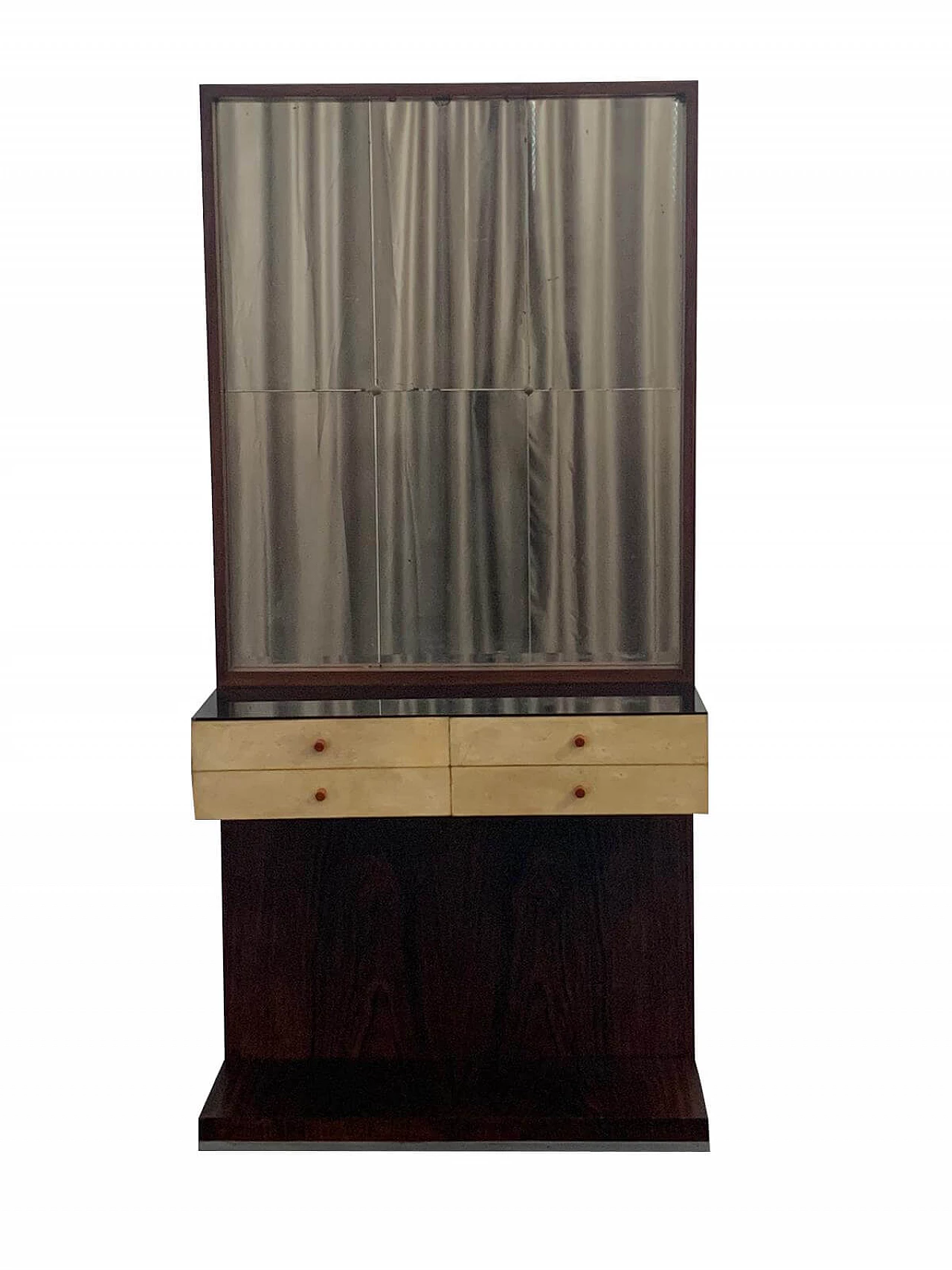 Entryway cabinet with drawers and mirror in rosewood and parchment with glass top by Guglielmo Ulrich, 50s 1237519
