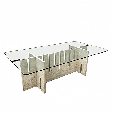 Table in travertine and tempered glass by Carlo Scarpa for Fratelli Saporiti, 70s
