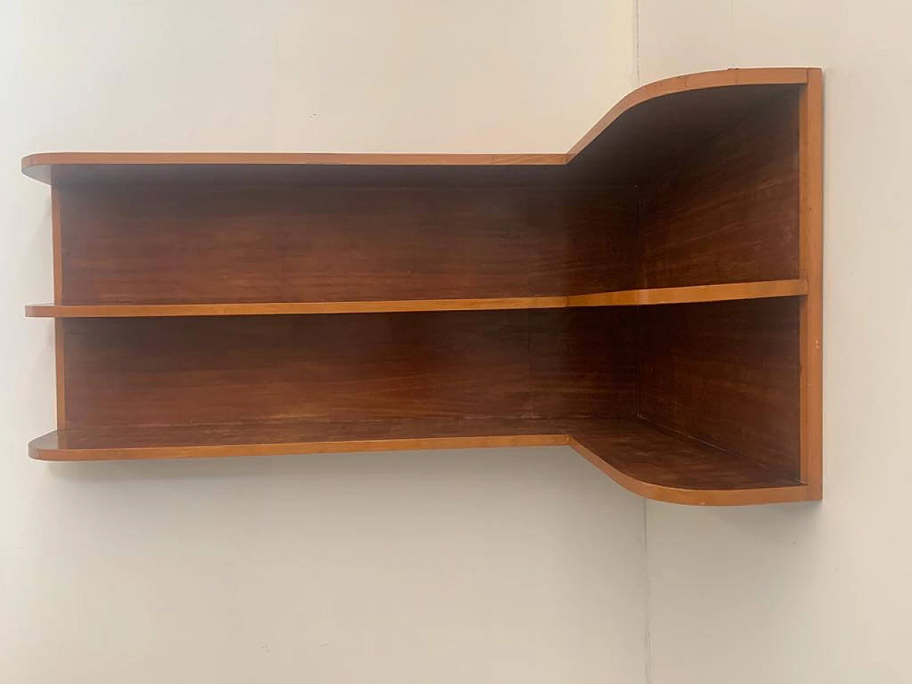 Corner bookcase shelf in cherry wood with maple profiles, 60s 1237565