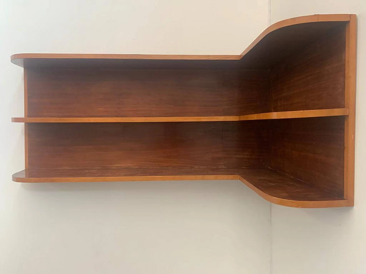 Corner bookcase shelf in cherry wood with maple profiles, 60s 1237566