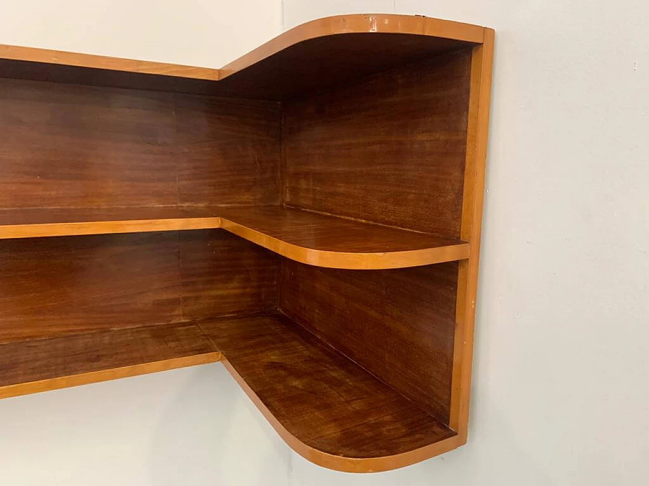Corner bookcase shelf in cherry wood with maple profiles, 60s 1237568