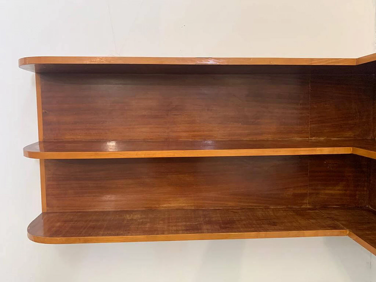 Corner bookcase shelf in cherry wood with maple profiles, 60s 1237569