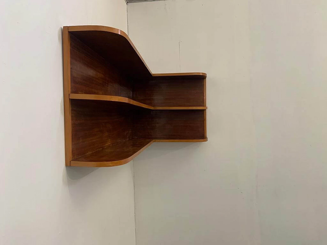 Corner bookcase shelf in cherry wood with maple profiles, 60s 1237571