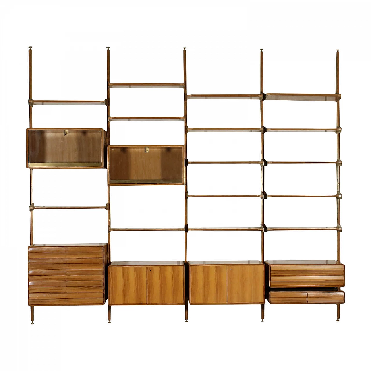 Wall bookcase with adjustable position elements in wood and brass, 50s 1237769