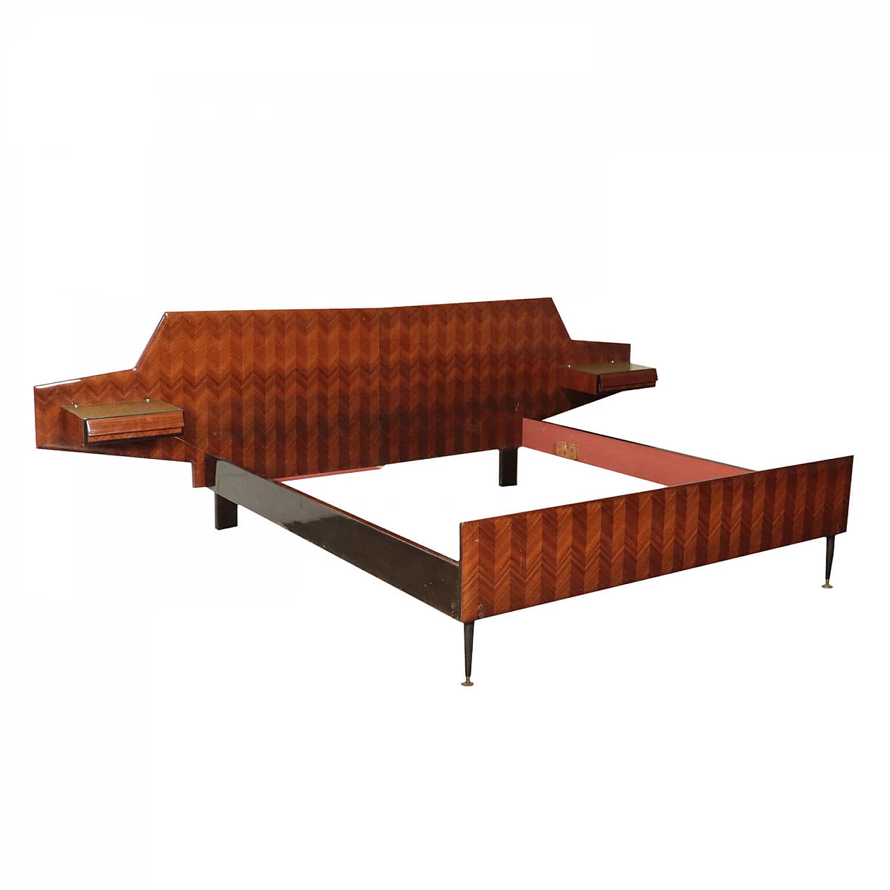 Double bed with hanging bedside tables in rosewood and retro treated glass, 50s 1237943