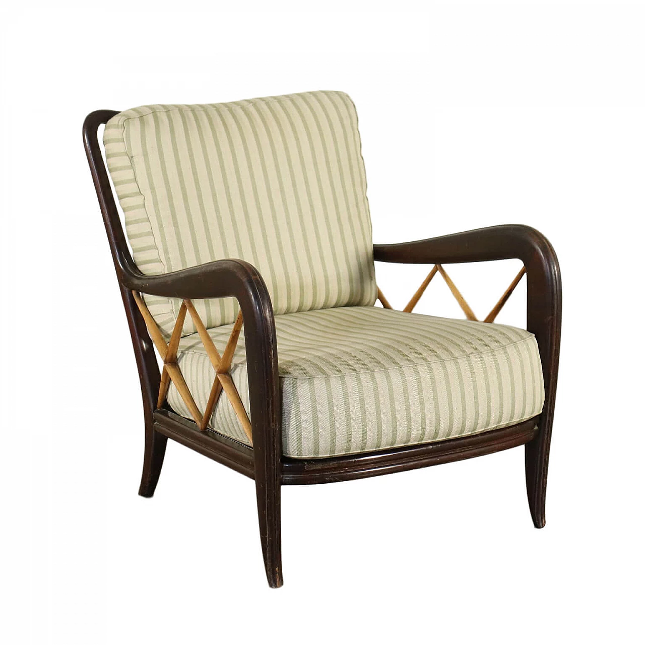 Armchair in beech and walnut with fabric cover in the style of Paolo Buffa, 50s 1237964