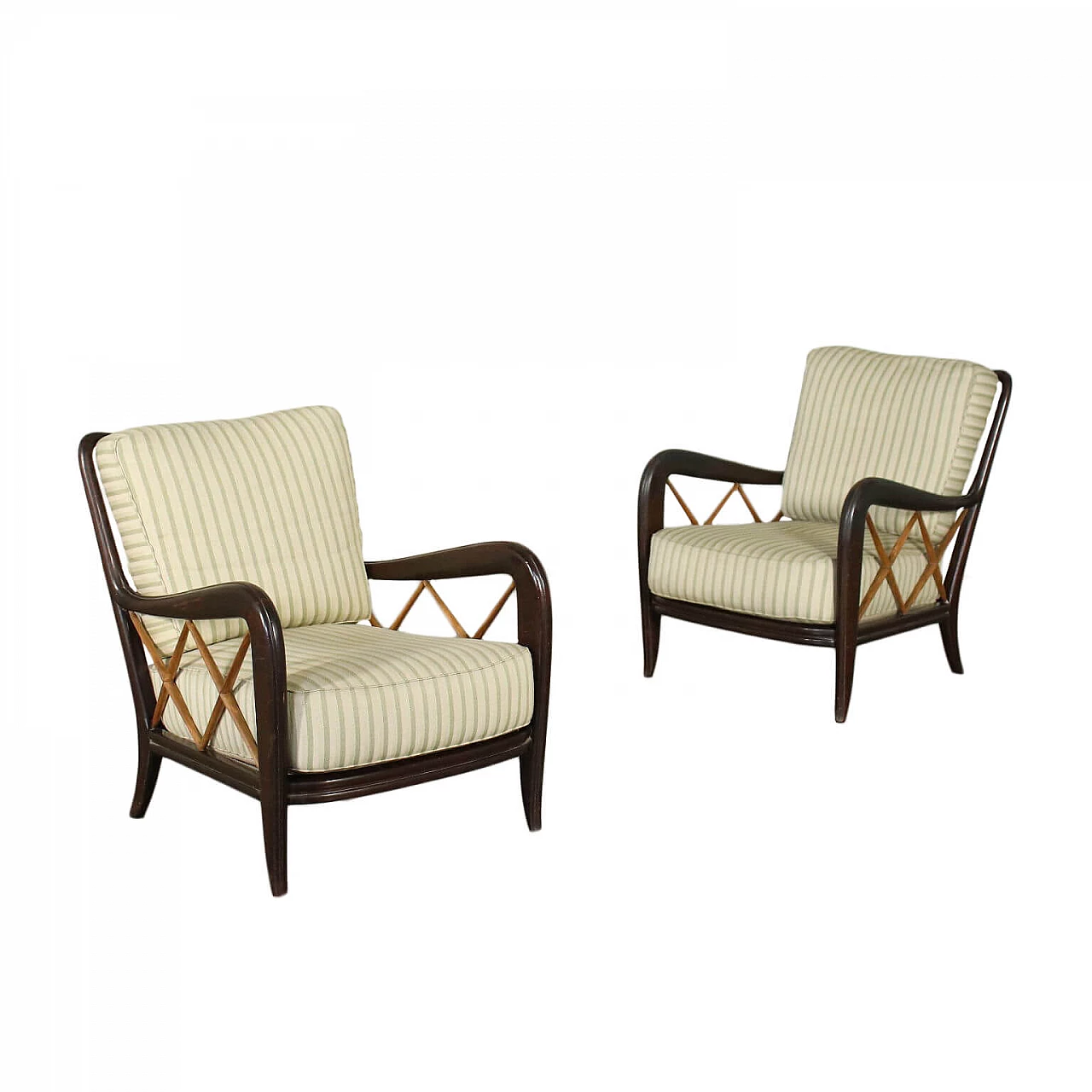 Pair of armchairs in beech and walnut with fabric cover in the style of Paolo Buffa, 50s 1237976