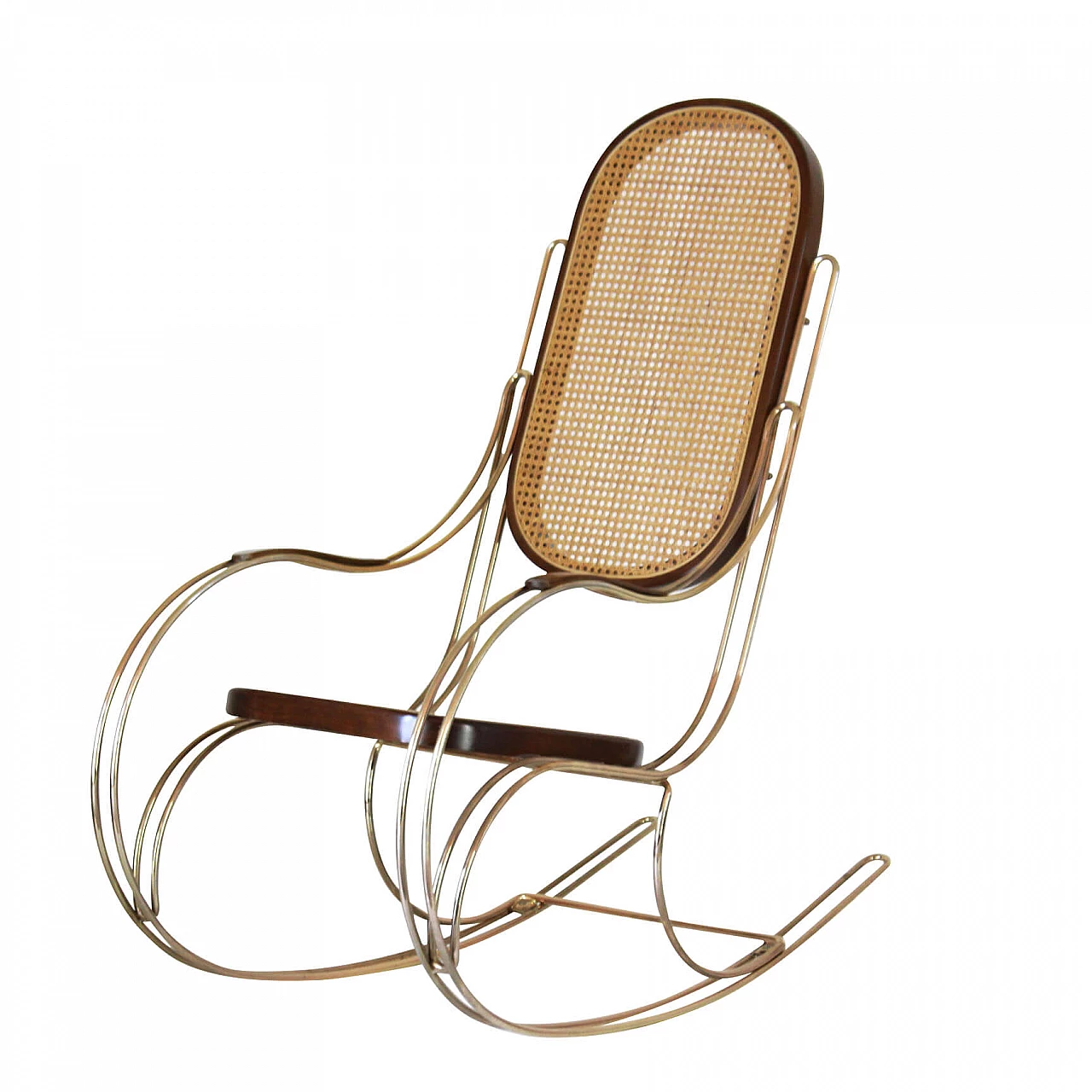 Rocking chair in brass, maple and Vienna straw, 70s 1238109