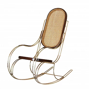 Rocking chair in brass, maple and Vienna straw, 70s
