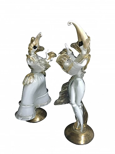 Pair of small statues of masked dancers in Murano glass by Cesare Toso, 80s