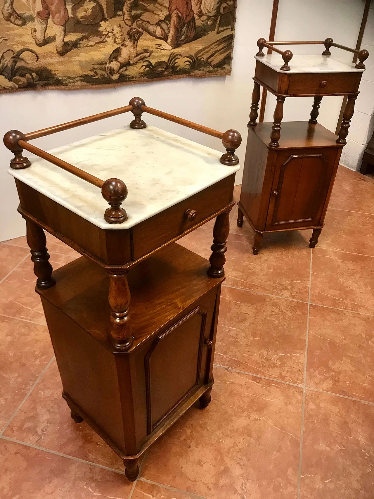 Pair of Piedmontese bedside tables in walnut with higher top in white marble, Louis Philippe era, original half 19th century 1238308
