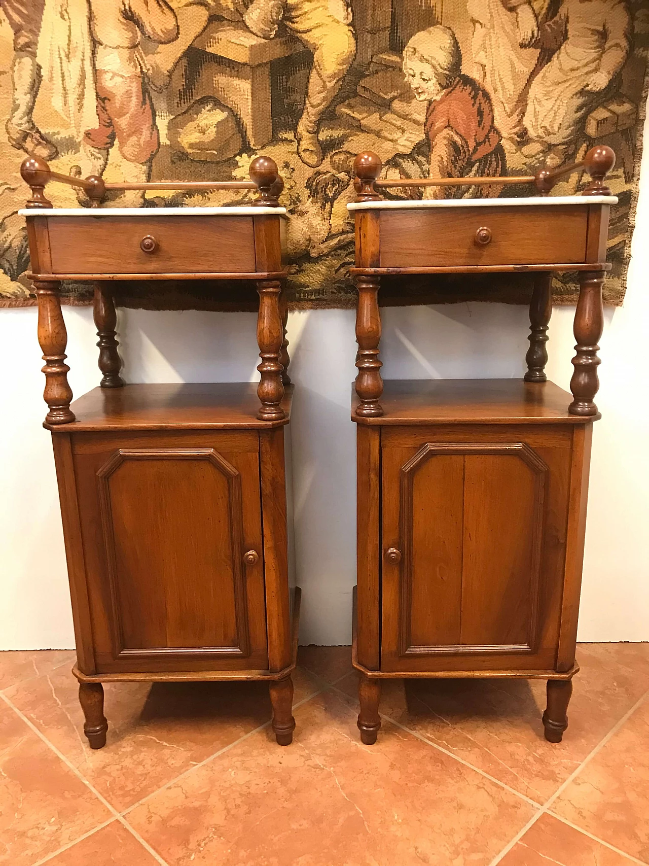 Pair of Piedmontese bedside tables in walnut with higher top in white marble, Louis Philippe era, original half 19th century 1238309