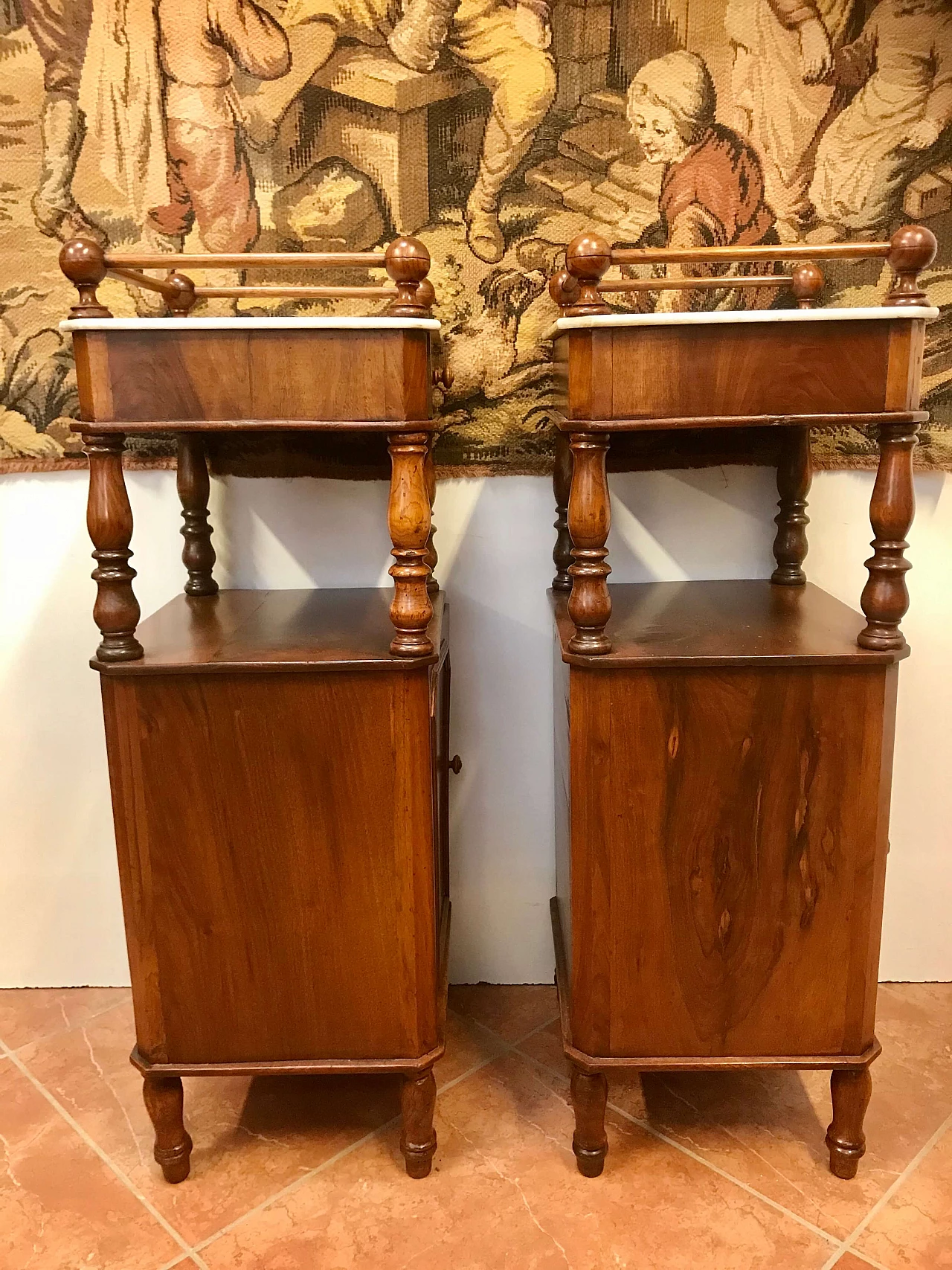 Pair of Piedmontese bedside tables in walnut with higher top in white marble, Louis Philippe era, original half 19th century 1238310