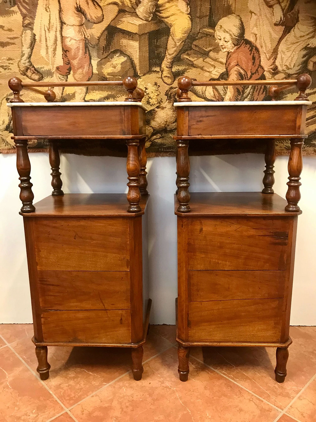 Pair of Piedmontese bedside tables in walnut with higher top in white marble, Louis Philippe era, original half 19th century 1238311