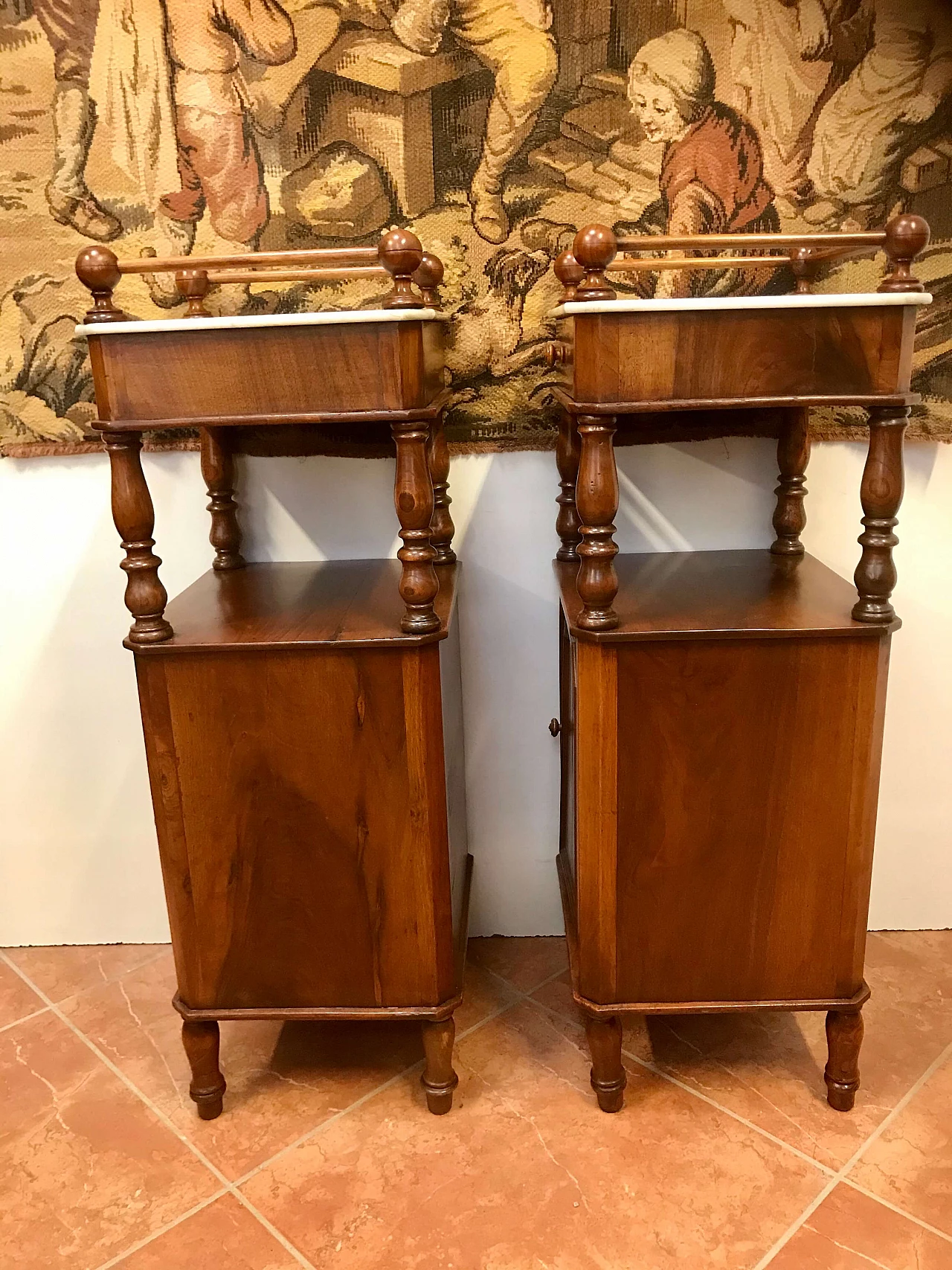 Pair of Piedmontese bedside tables in walnut with higher top in white marble, Louis Philippe era, original half 19th century 1238312