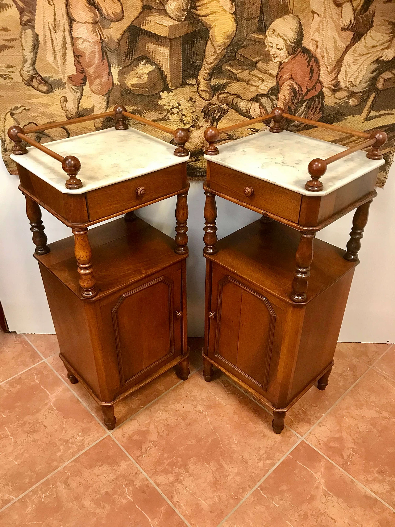 Pair of Piedmontese bedside tables in walnut with higher top in white marble, Louis Philippe era, original half 19th century 1238313