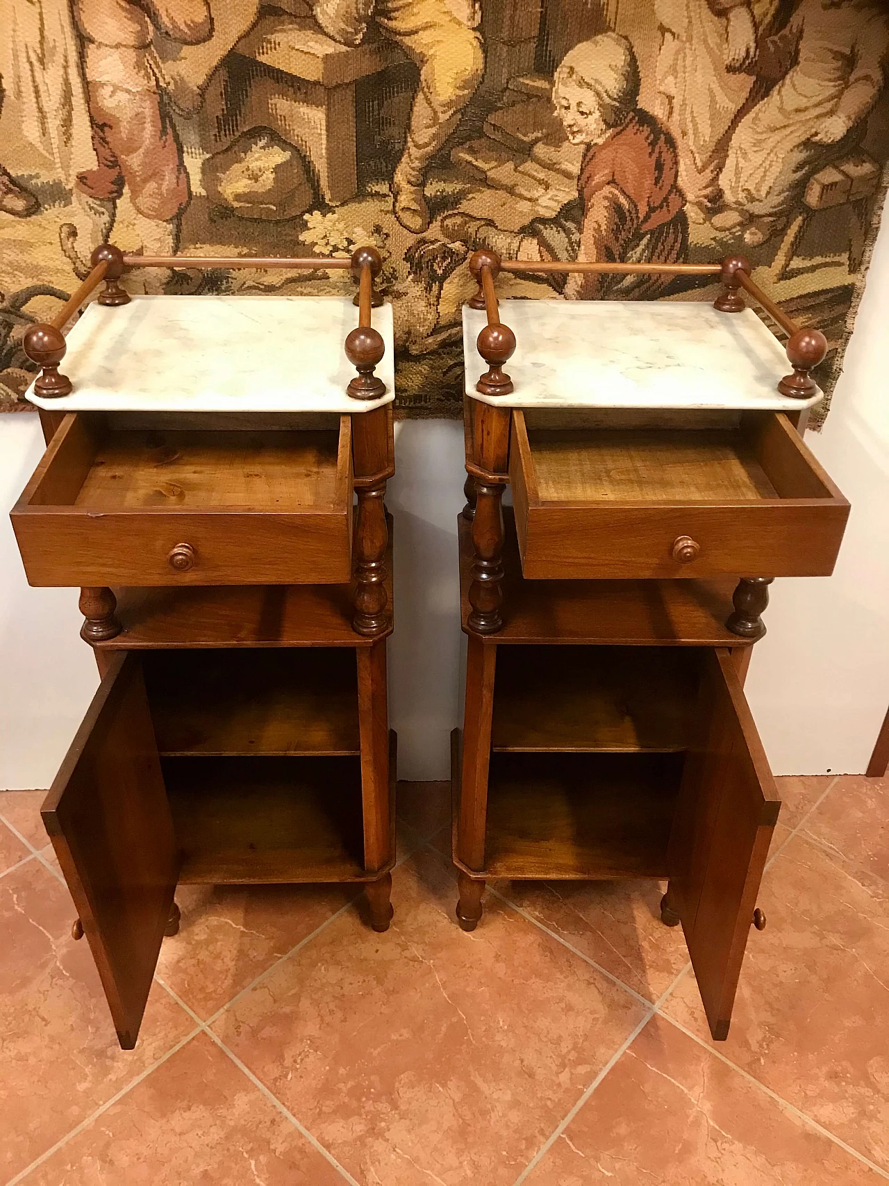 Pair of Piedmontese bedside tables in walnut with higher top in white marble, Louis Philippe era, original half 19th century 1238314