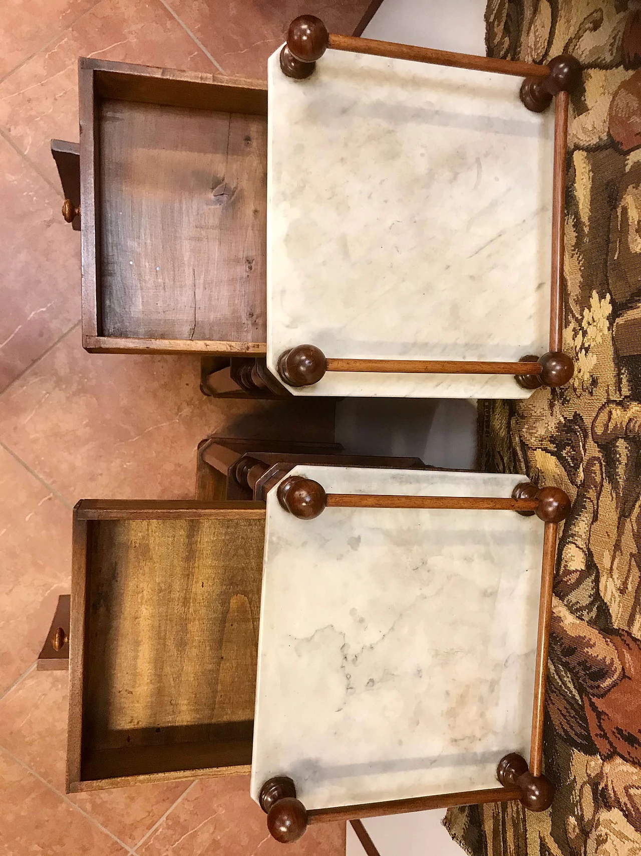 Pair of Piedmontese bedside tables in walnut with higher top in white marble, Louis Philippe era, original half 19th century 1238315