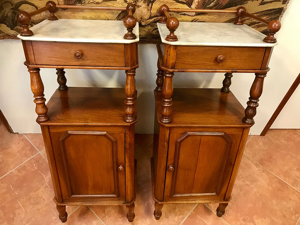 Pair of Piedmontese bedside tables in walnut with higher top in white marble, Louis Philippe era, original half 19th century 1238316