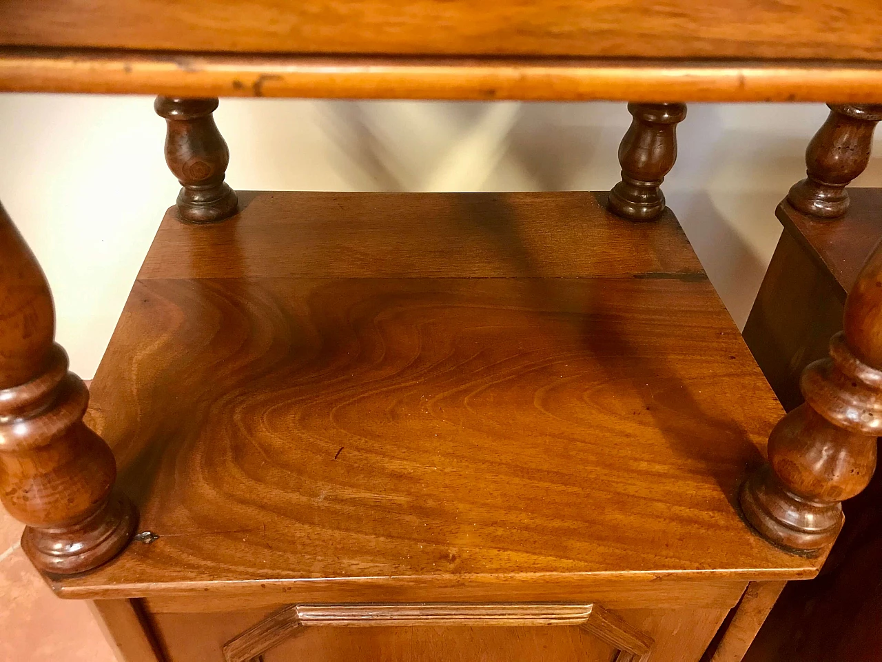 Pair of Piedmontese bedside tables in walnut with higher top in white marble, Louis Philippe era, original half 19th century 1238317