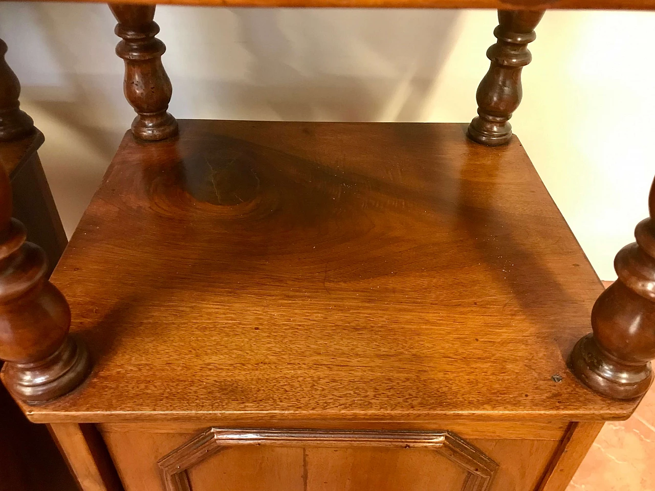 Pair of Piedmontese bedside tables in walnut with higher top in white marble, Louis Philippe era, original half 19th century 1238318