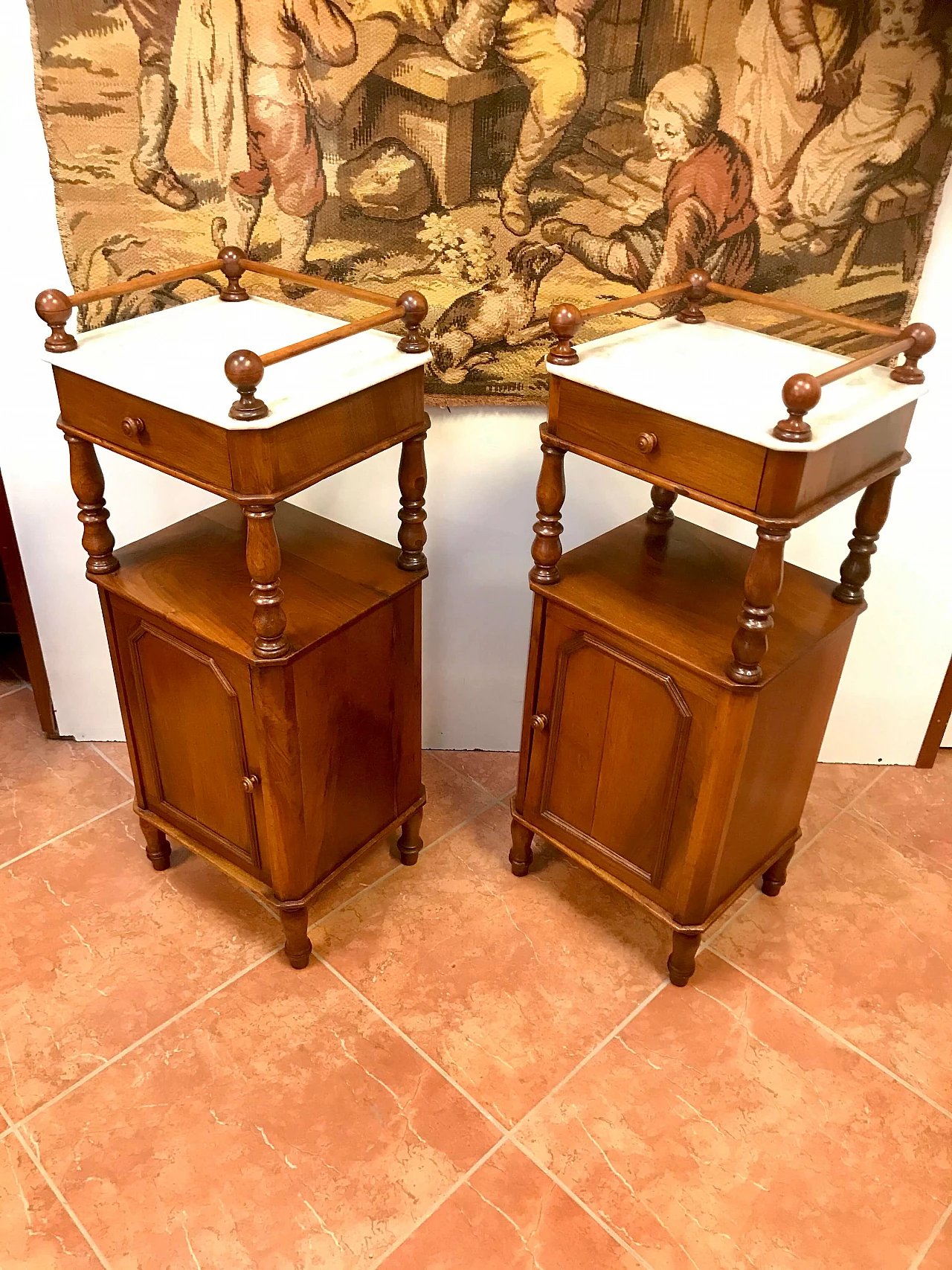 Pair of Piedmontese bedside tables in walnut with higher top in white marble, Louis Philippe era, original half 19th century 1238319