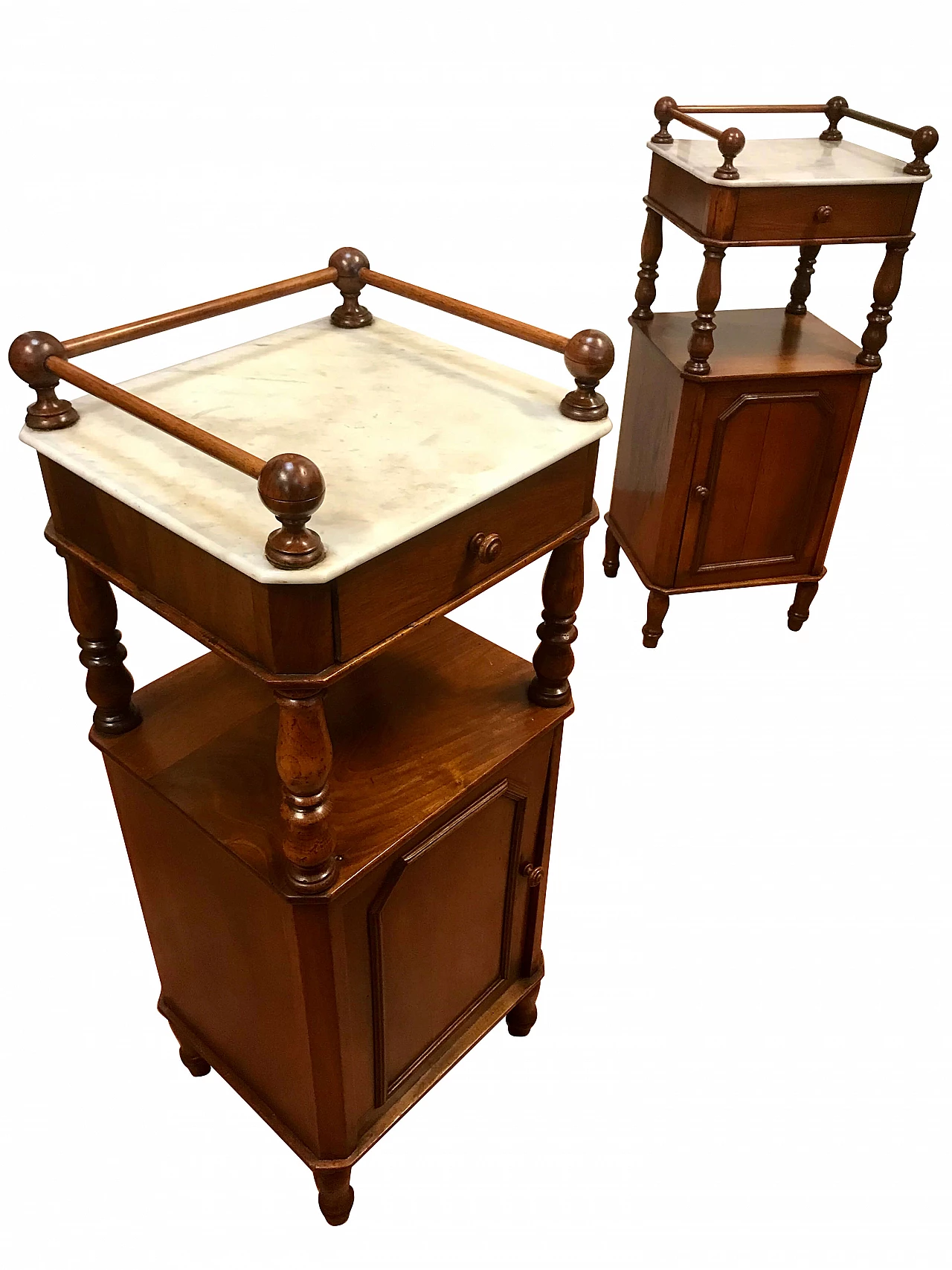 Pair of Piedmontese bedside tables in walnut with higher top in white marble, Louis Philippe era, original half 19th century 1238366