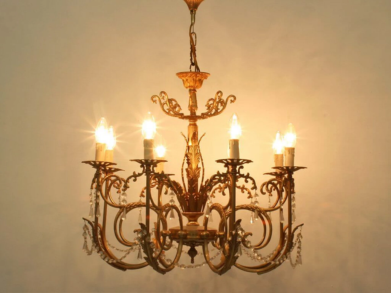 8 Armed chandelier in brass and glass, 60s 1238534