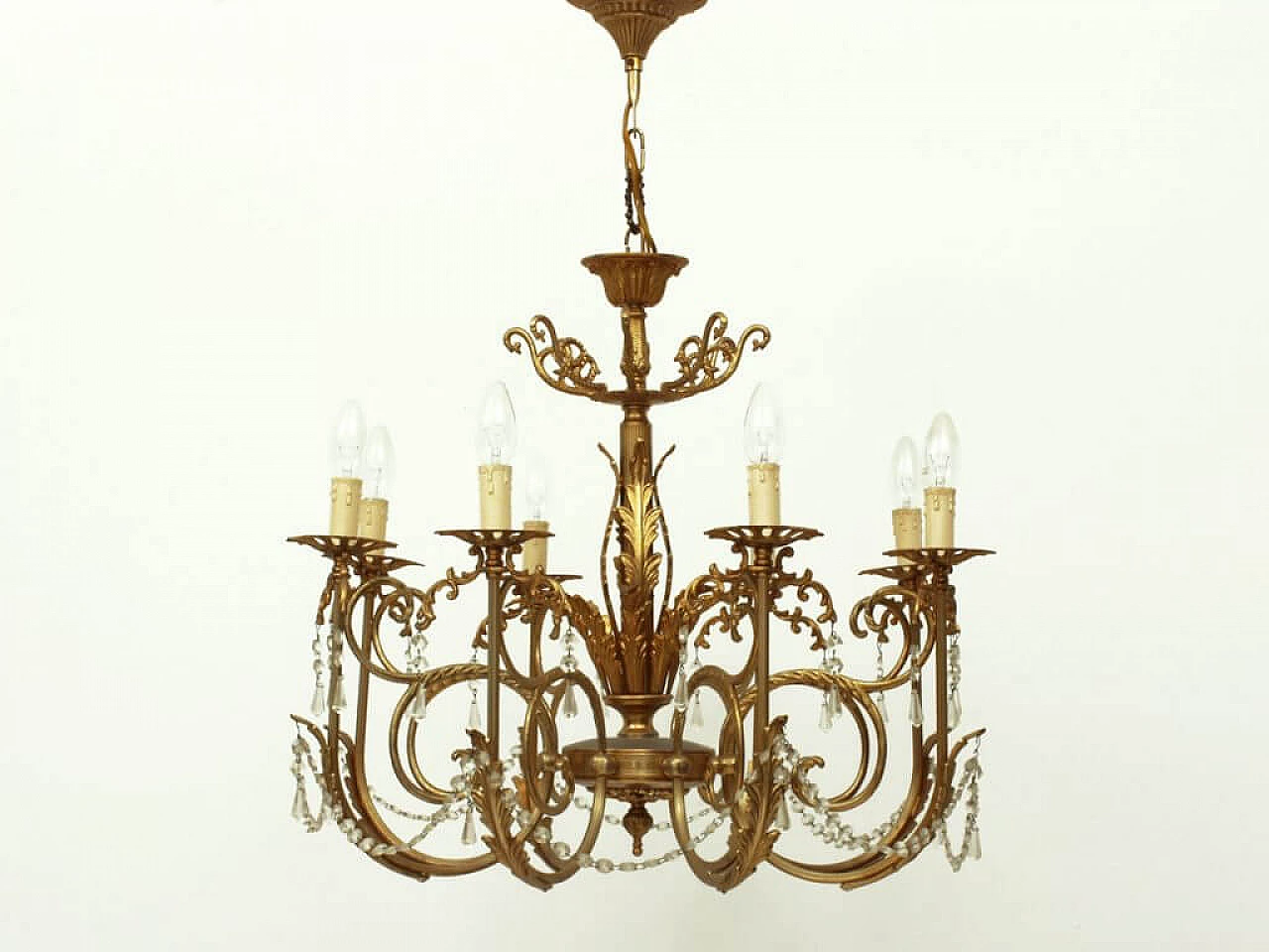 8 Armed chandelier in brass and glass, 60s 1238535