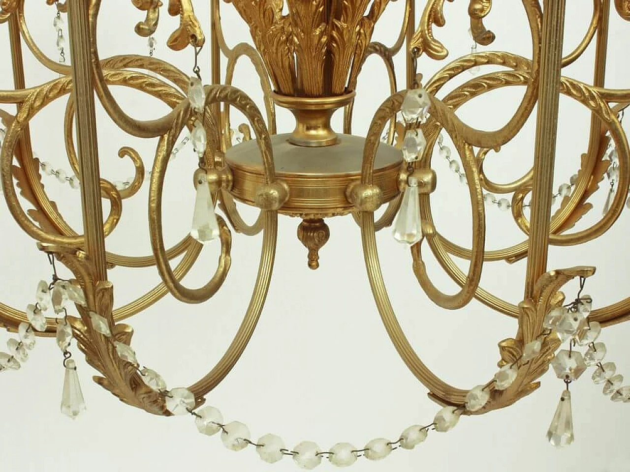 8 Armed chandelier in brass and glass, 60s 1238538