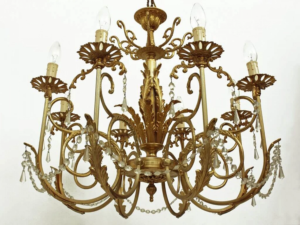 8 Armed chandelier in brass and glass, 60s 1238540