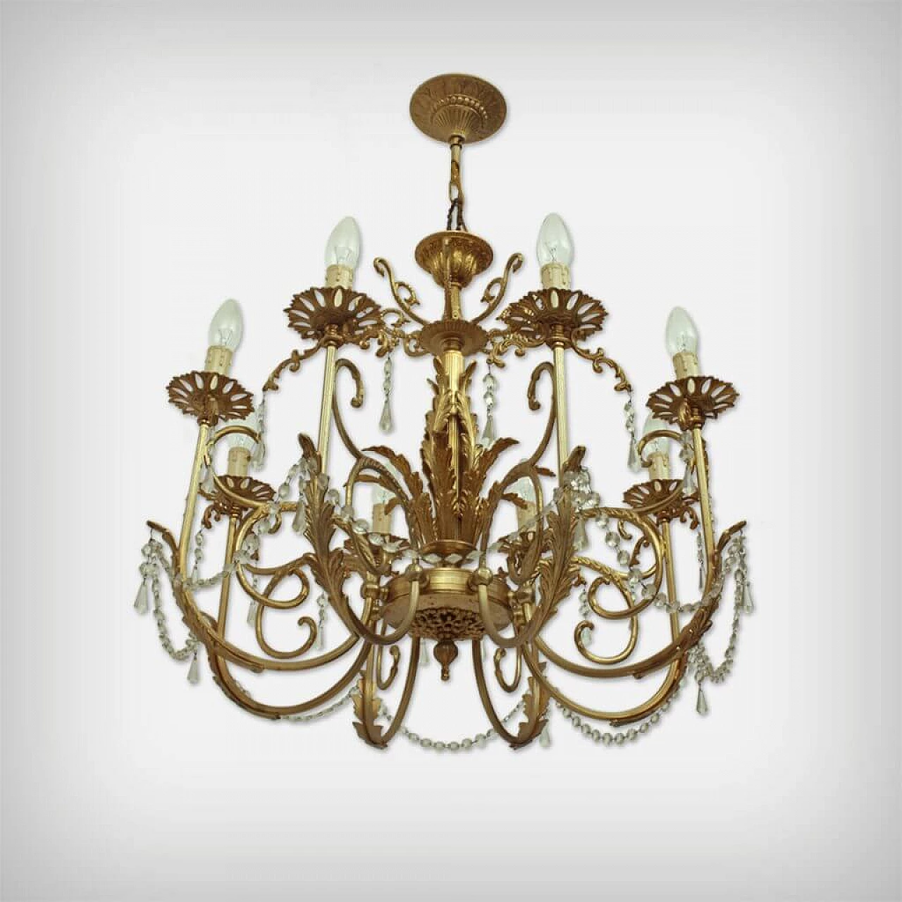 8 Armed chandelier in brass and glass, 60s 1238541