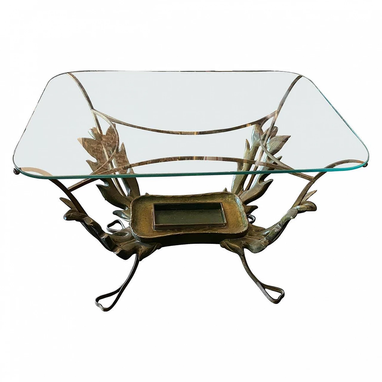 Tavolino in legno, ottone e vetro di Pier Luigi Colli, anni '50 1238602