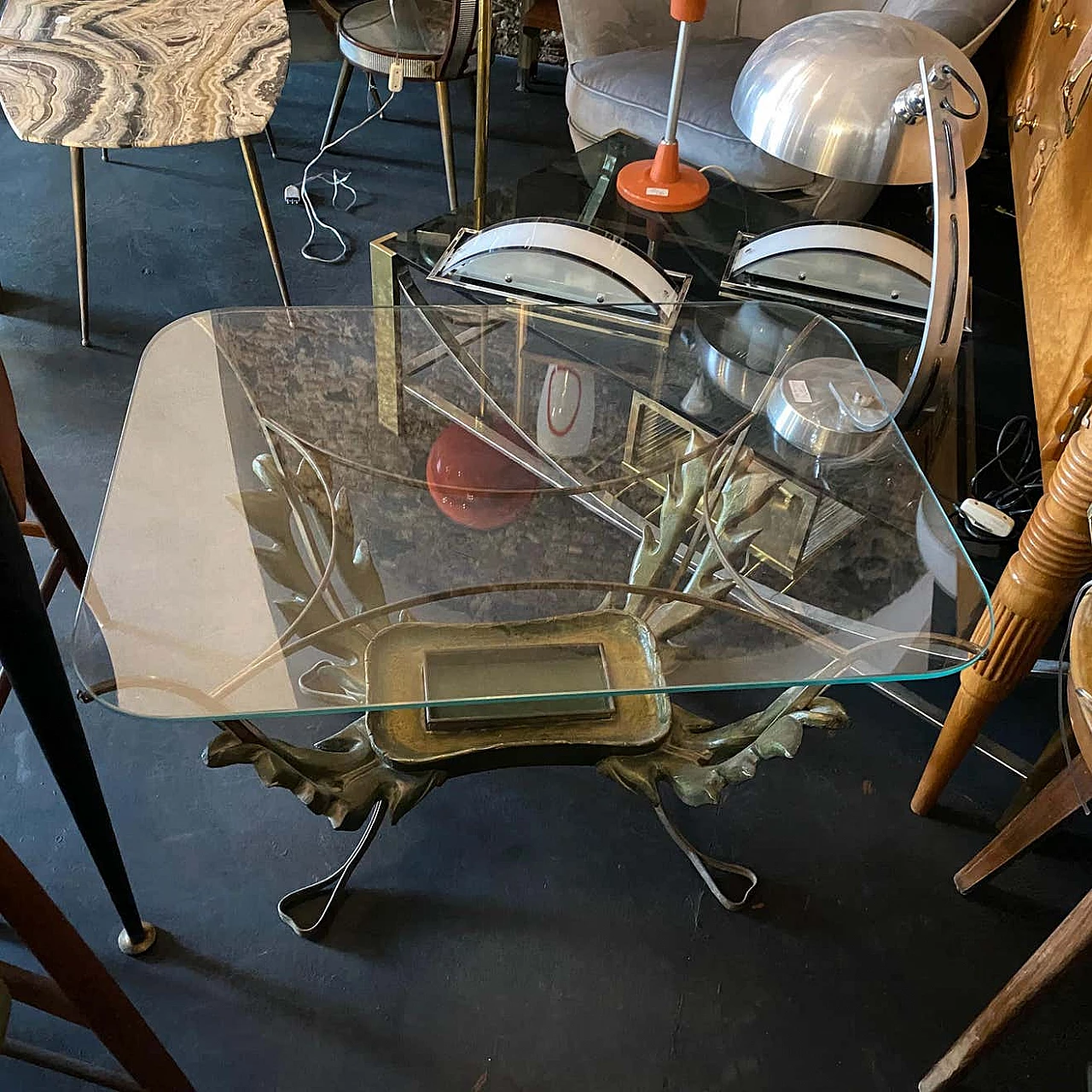 Tavolino in legno, ottone e vetro di Pier Luigi Colli, anni '50 1238603