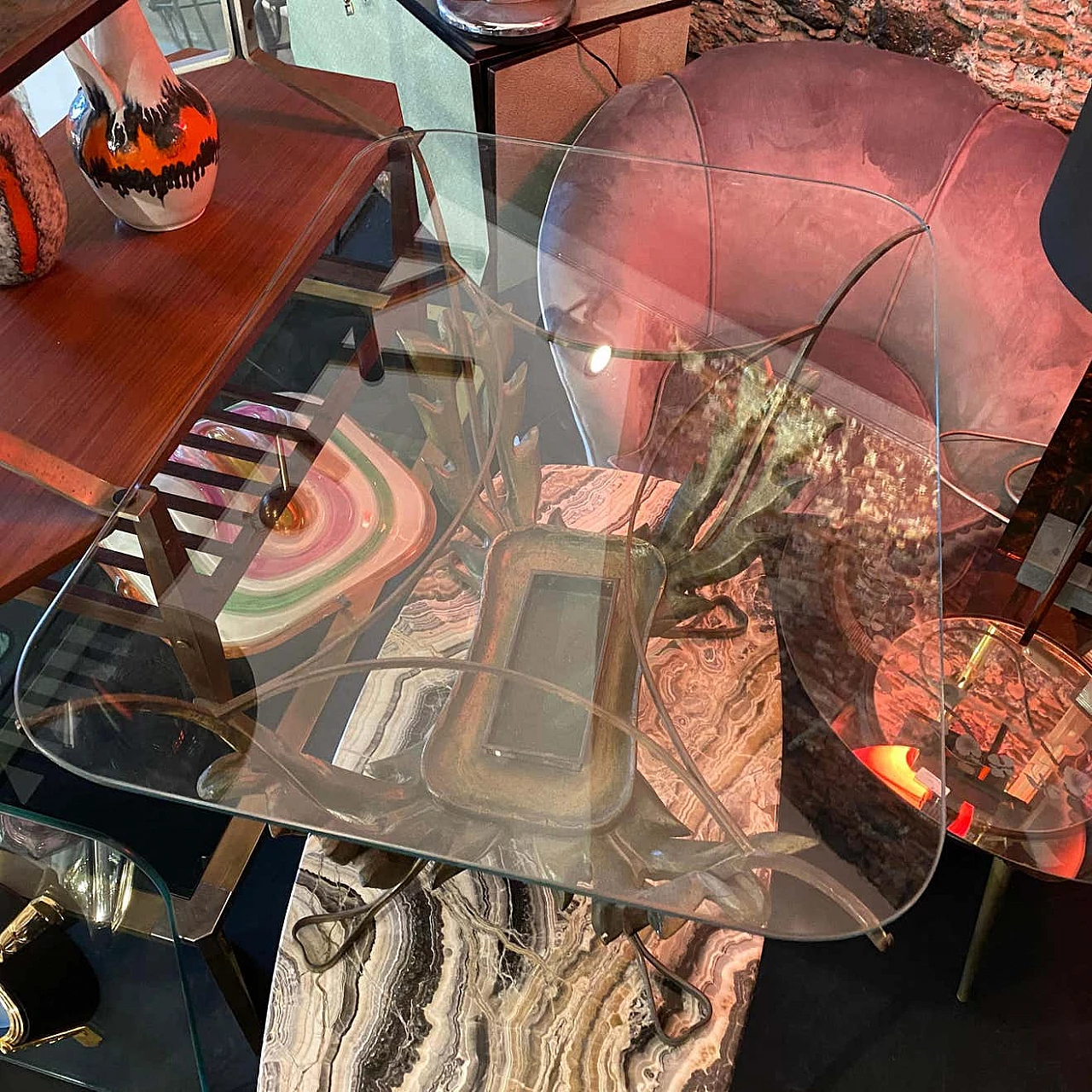 Tavolino in legno, ottone e vetro di Pier Luigi Colli, anni '50 1238606