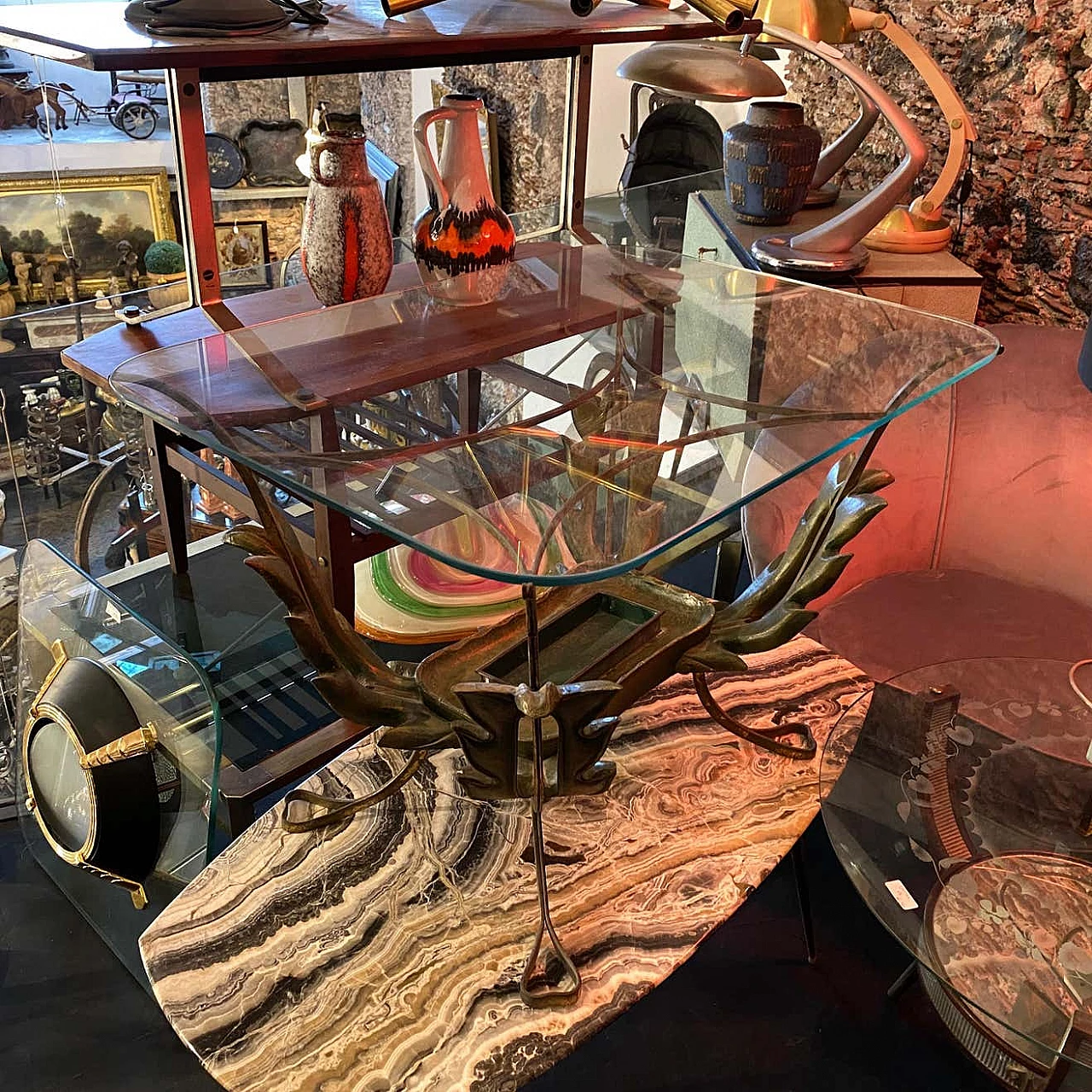 Tavolino in legno, ottone e vetro di Pier Luigi Colli, anni '50 1238611
