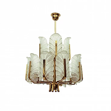 15 armed chandelier in brass and glass leafs by Carl Fagerlund for Orrefors, 60s