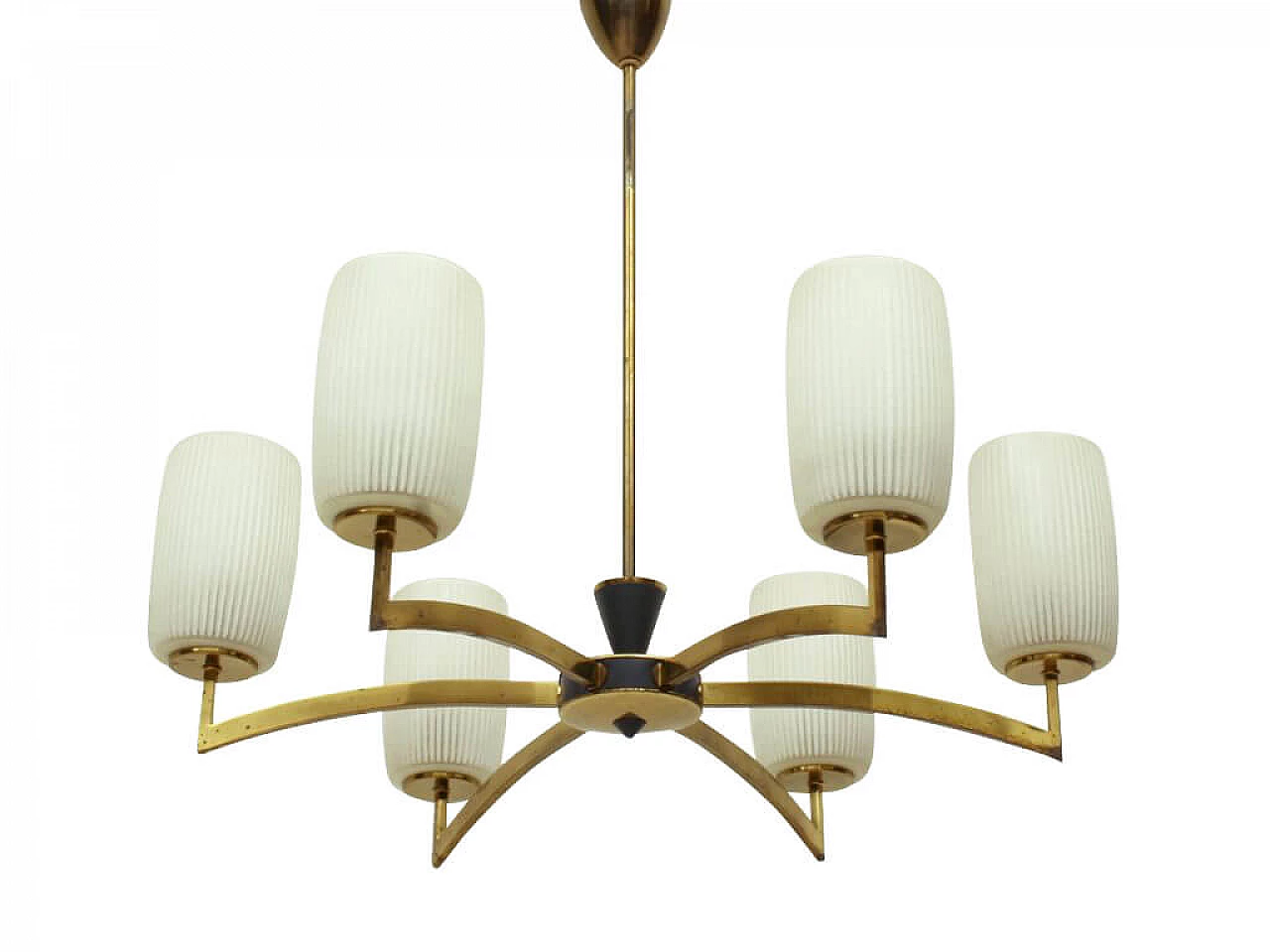 6 armed chandelier in the style of Hollywood Regency in brass and glass, 50s 1238639