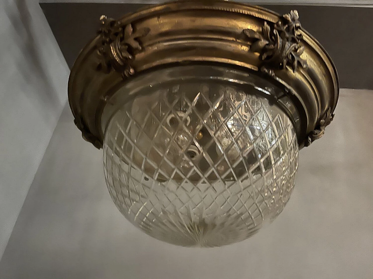Lampada da soffitto in bronzo e cristallo, anni '50 1238734