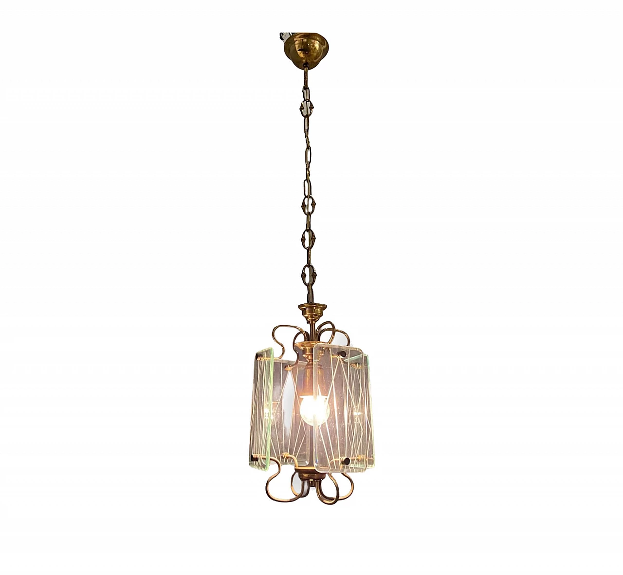Lampada a sospensione in bronzo e vetro acidato, anni '50 1238801