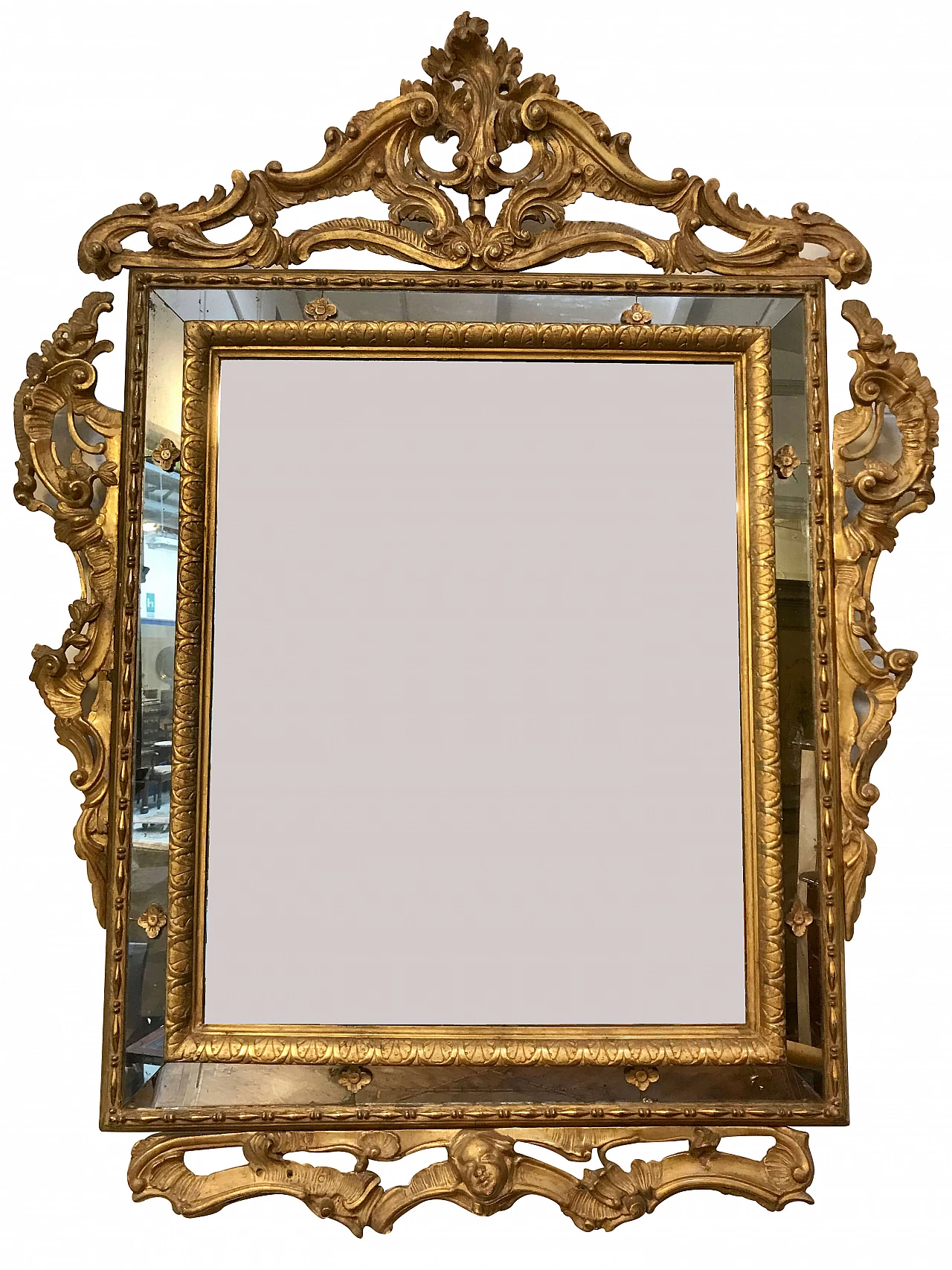 Specchiera Luigi XVI in legno scolpito e dorato a foglia d'oro, '700 1238950