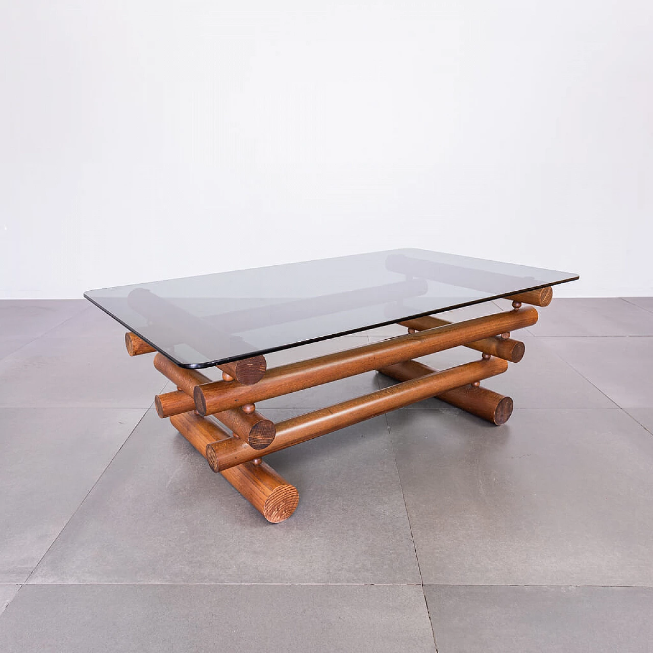 Coffee table in wood and smoked glass, 1970s 1239249
