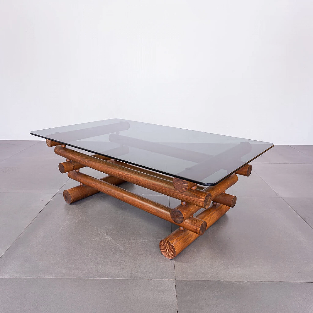 Tavolino in legno e vetro fumè, anni '70 1239251