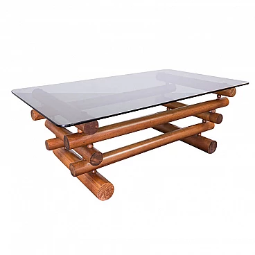 Coffee table in wood and smoked glass, 1970s