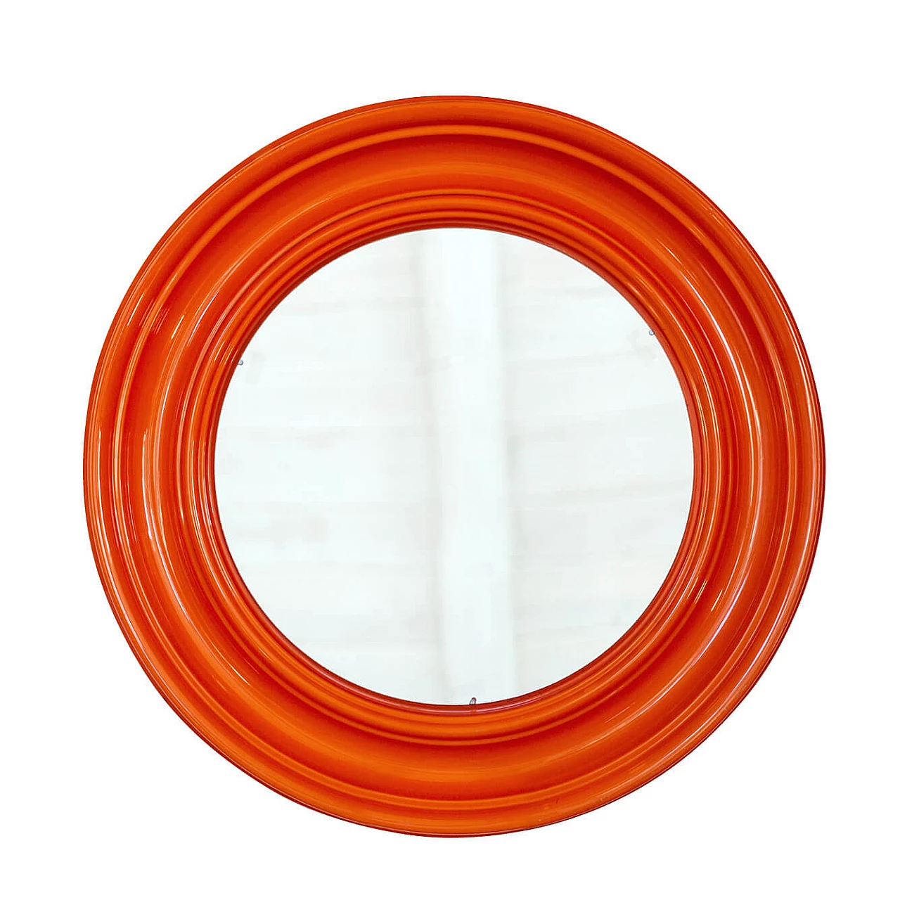 Specchio space age rotondo con cornice in plastica arancione, anni '60 1239428